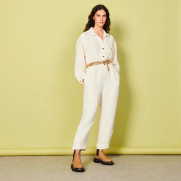 NWT Sandro Long-Sleeve Ivory/Ecru Linen Blend Utility Jumpsuit, size 42 / US 10 - Picture 1 of 16